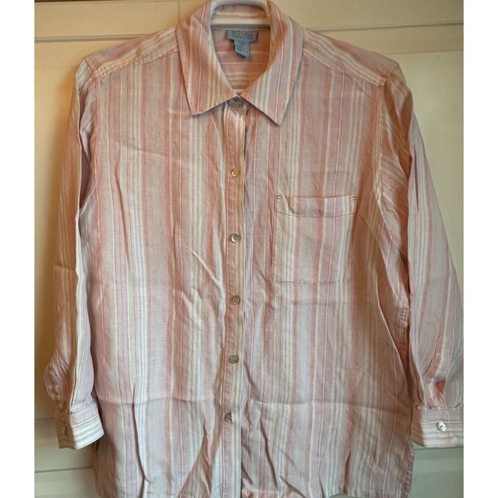 Sigrid‎ Olsen SO Blue Linen Pink Stripe Blouse Womens 1X Plus